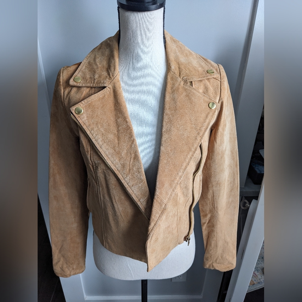 Bagatelle Suede Leather Moto Jacket, Carmel, sz S